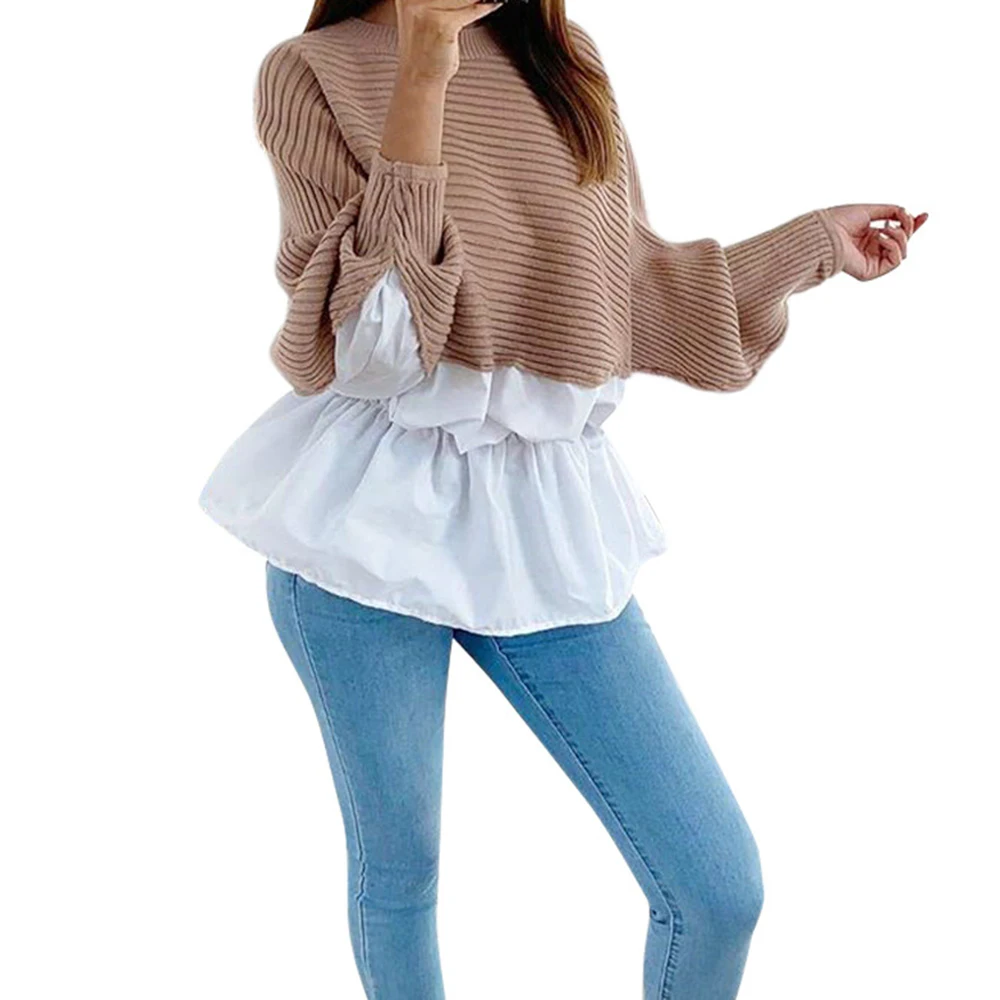 

2019 Fashion Womens Autumn Sweatshirt Batwing Sleeve Round Neck Long Sleeve Pullover Tops Casual Patchwork Sweatshirts