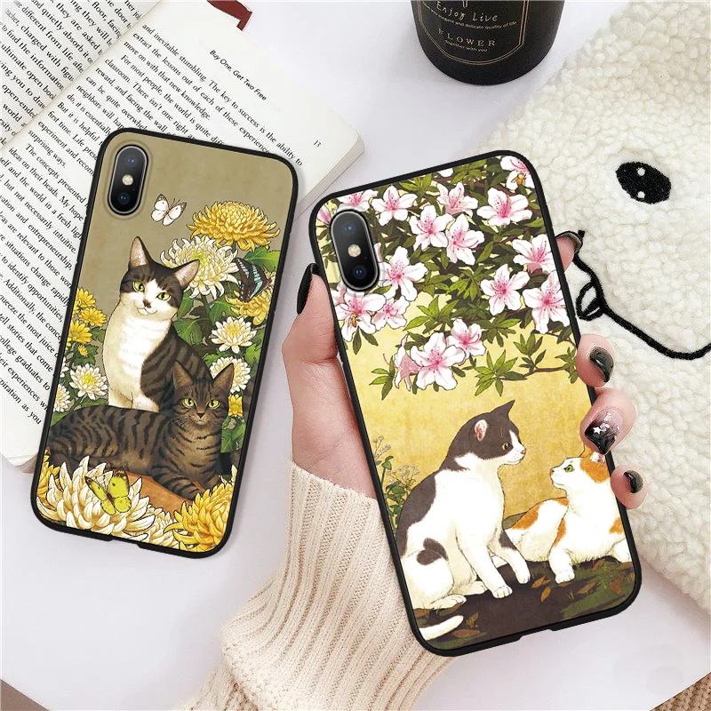 

Black Matte Flower Silicone TPU Cover For iPhone 7 Plus 8 6 6S Plus 5 5S SE Cat Couples Case For iPhone 11 Pro XS Max XR X Shell