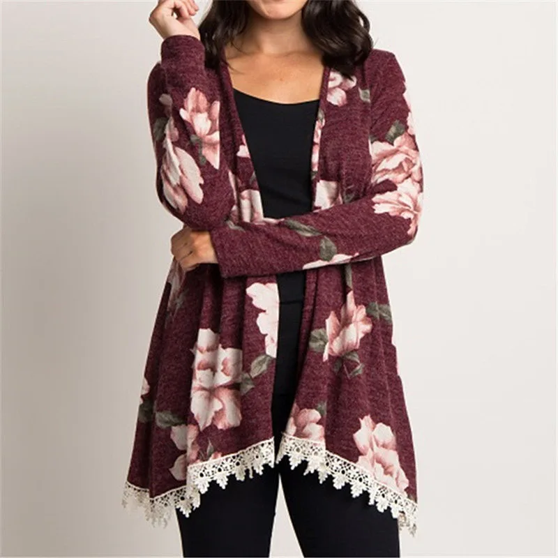 

women long cardigan sweater Long Lace Knitted christmas sweater Floral purple red oversized coat 2019 new cardigans female