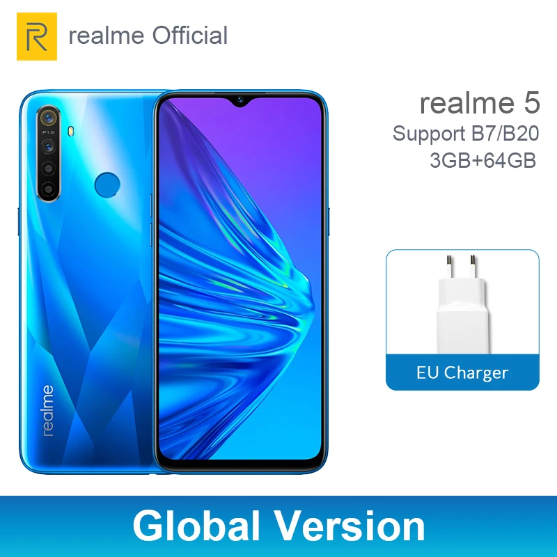 

Global realme 5 3GB 64GB 6.5'' Moblie Phone Snapdragon 665 Octa Core 12MP Quad Camera Cellphone 5000mAh VOOC 10W Fast Charger