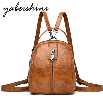 

Vertical zipper women leather backpack women Multifunction Brown travel backpack for women school bag Sac a Dos Mini backpack