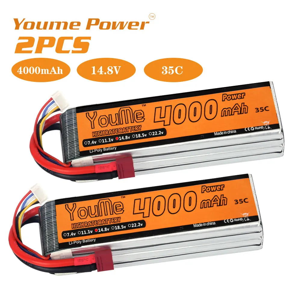 

2PCS 4S Lipo Battery 14.8v 4000mah with T plug for 1/10 1/12 RC car Buggy Truggy Monster RC Drone helicopter 450 550 RC Boat