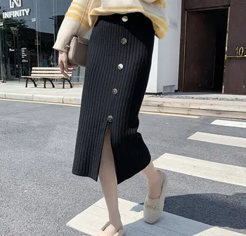 

Women Autumn Winter Button-Decor Elegant Office-Wear Skirt Fashion Female Slim Elastic High-Wais Plus-Size Casual Skirt