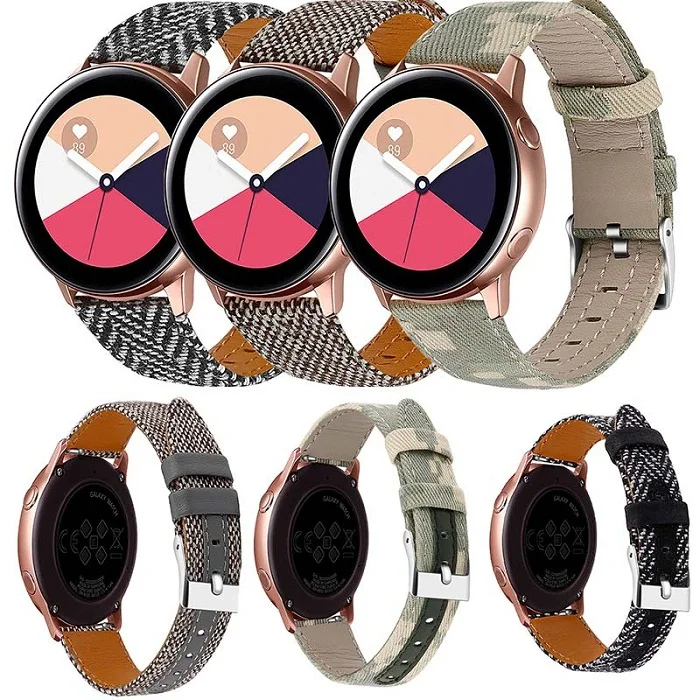 Ремешок из натуральной кожи для samsung Galaxy Watch Active 2, браслет, умные часы 20 мм, ремешок для часов из нейлона и денима, аксессуары для часов