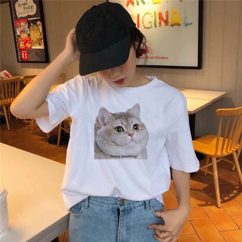 2020 Summer Women T-shirt Cartoon Lovely Cat Printed Tshirts Casual Tops Tee Harajuku 90s Vintage White tshirt Female Clothing