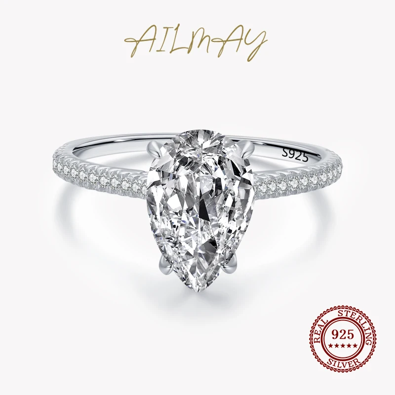 

Ailmay 100% 925 Sterling Silver Fashion Water Drop Shape Sparkling Clear CZ Rings For Women Classic Luxury Wedding Jewelry Gift