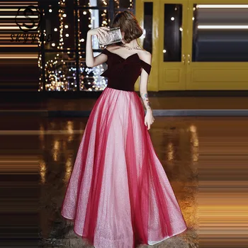 

Skyyue Burgundy Bow Evening Gowns 2020 Floor Length Elegant Vestidos K273 Sexy Boat Neck Off The Shoulder Women Formal Dresses