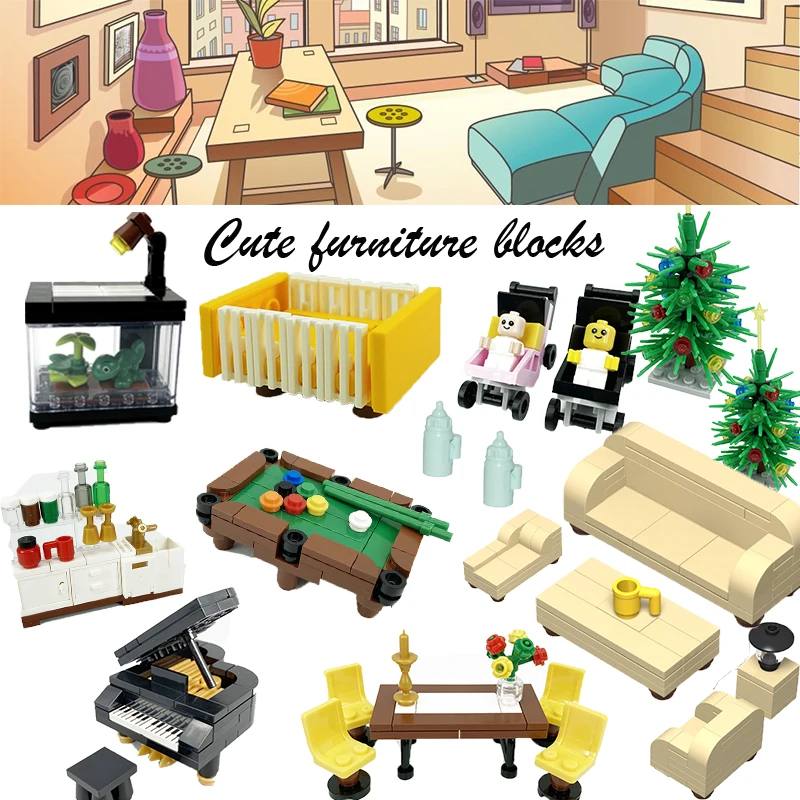 MOC Classic Baby Bed Lizard Fish Bed Game Hall Piano Sofa City Building Block MOC ChildrenToy Girl Toy Collection Creative Gifts