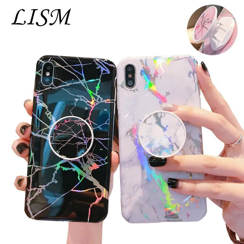 

Laser Phone Cases For iPhone XR 8 XSMax X 6S 7 Plus Case for iphone 11 11 Pro Max Cover Marble Grip Stand Holder Glossy Coque