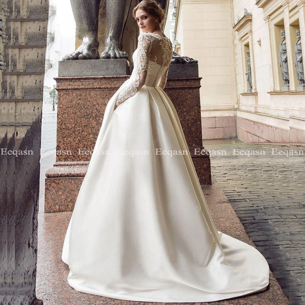 Винтажные Свадебные платья с длинными рукавами трапециевидной формы с аппликацией Иллюзия спина подвенечное платье с карманами плюс размер