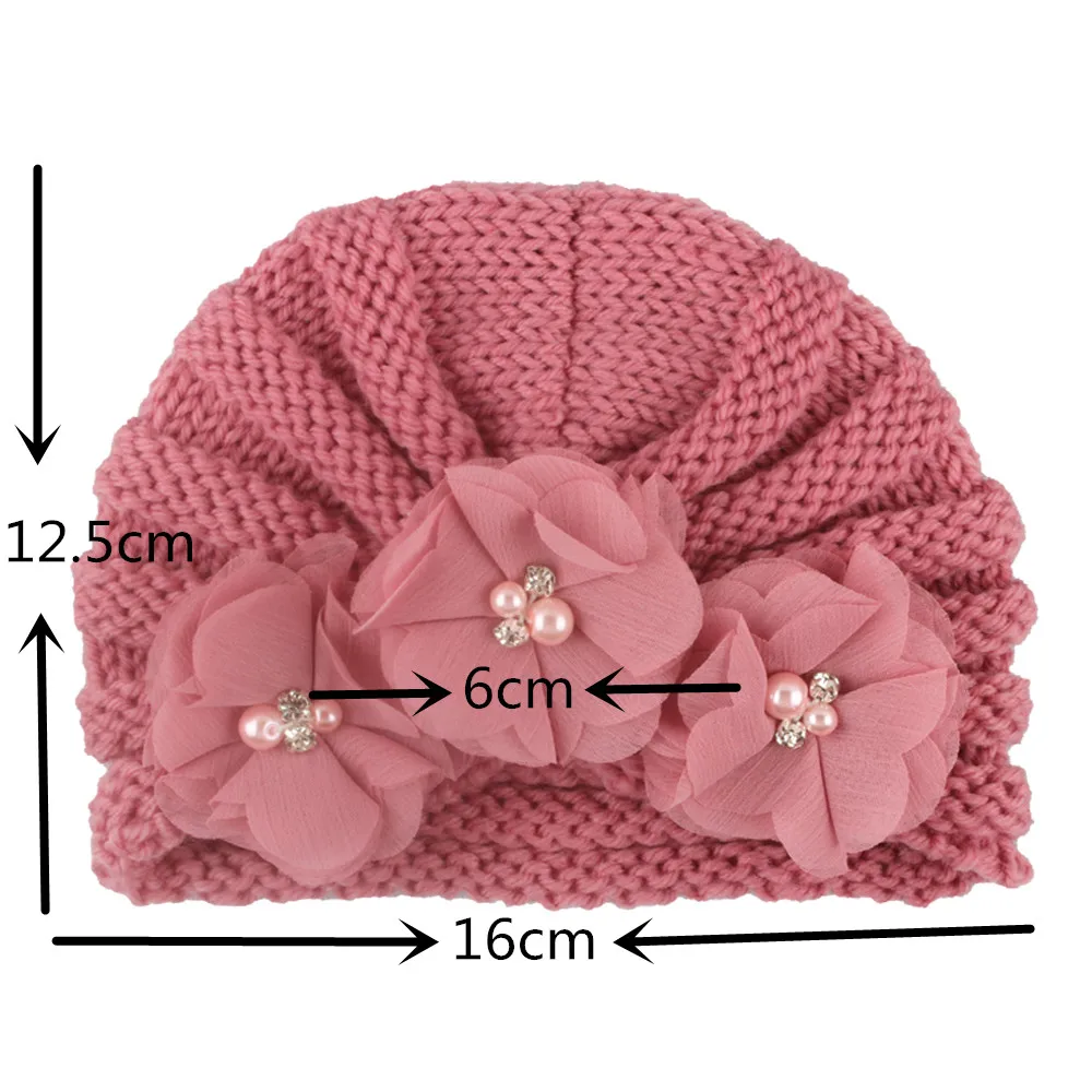 Аксессуары для малышей, одежда для маленьких мальчиков и девочек, Зимняя Шапка-бини с цветочным рисунком, теплая вязаная шляпа с жемчугом, тюрбан