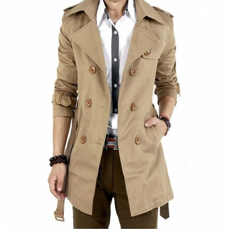 Men's Windbreaker Jacket Vintage Black Khaki Spring Autumn Business Trench Male Double Breasted Retro Classic Long Coat Men 1