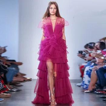 

Elgant Couture Cascading Tulle Formal Dresses High Low Tiered Tulle Evening Party Dress High Split Long Prom Gowns Captivating