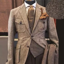  Men‘s Suits 3 Pieces Green Wool Tweed Herringbone Business Retro Classic PatternTuxedos For Wedding Blazer Pants Vest 