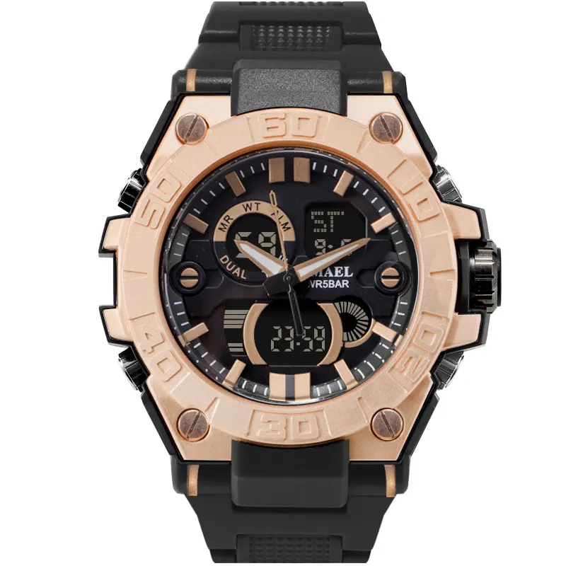 black gold SMAEL 8003 модные мужские часы с двойным временем аналоговые цифровые кварцевые часы водонепроницаемые многофункциональные мужские электронные часы - Цвет: black gold