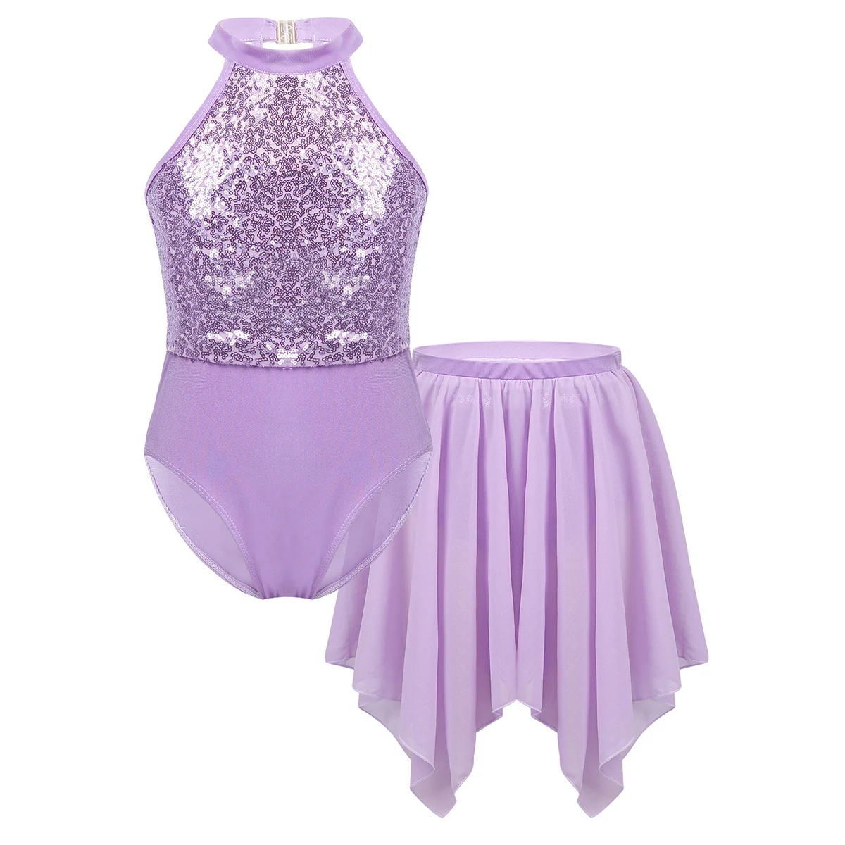 Балетное платье с открытой спиной и блестками для девочек лирические танцевальные костюмы гимнастический трико с неправильной подшитая шифоновая юбка комплект одежды