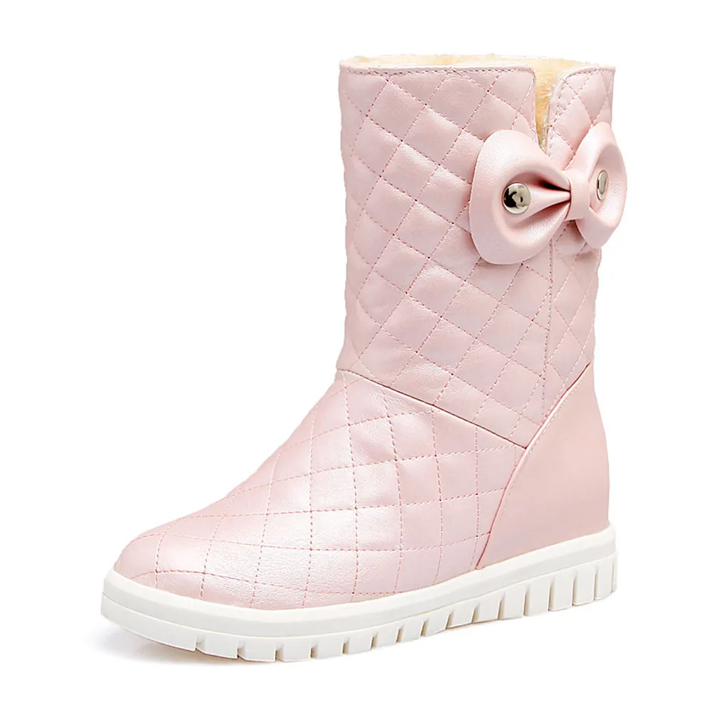 DORATASIA/Новые Модные женские ботинки на толстом меху, большие размеры 31-43 нескользящая обувь с бантиком женские повседневные Мягкие зимние теплые ботинки - Цвет: Розовый