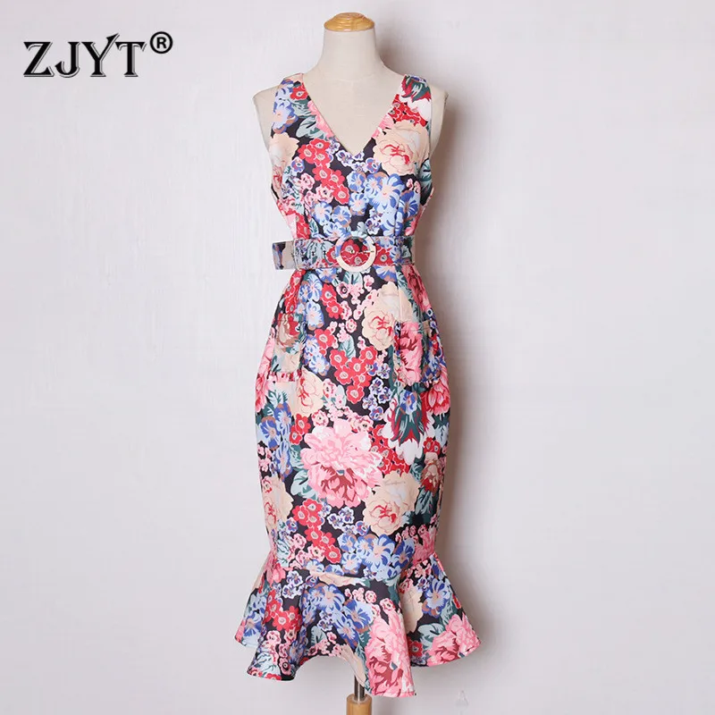 

2020 New Spring Summer Runway Dress Women's Fashion V Neck Sleeveless Vintage Floral Print Sexy Party Trumpet Dress Vestidos