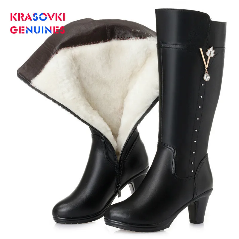 

Krasovki Genuines Wool Women Winter Boots Warm Genuine Leather Fur Warm Shoes Plush Med Calf Boots Platform for Women Snow Boots