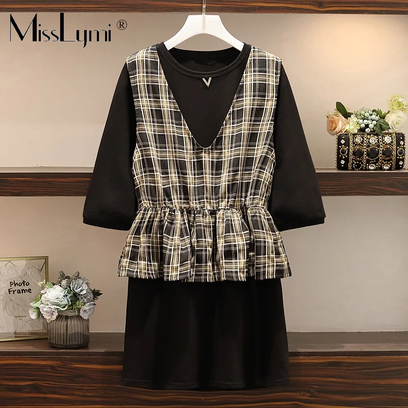 Black Twinset L-4XL размера плюс, женское платье из двух частей, осень, модное черное свободное повседневное Хлопковое платье-футболка и милый клетчатый жилет с оборками - Цвет: Black Twinset