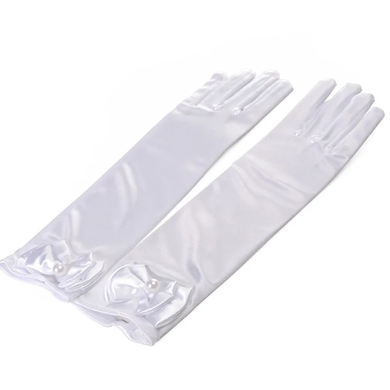 white long Перчатки принцессы для девочек белого и розового цвета; Длинные Короткие перчатки для выступлений; платье для дня рождения, свадьбы, вечеринки; перчатки с бантом; аксессуары к костюму - Цвет: white long