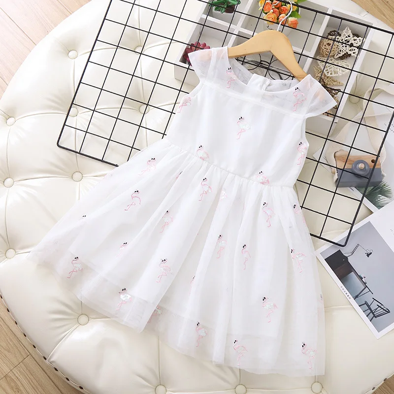 Детская одежда летнее платье для девочек Сетчатое детское платье с блестками и рисунком фламинго - Цвет: Белый