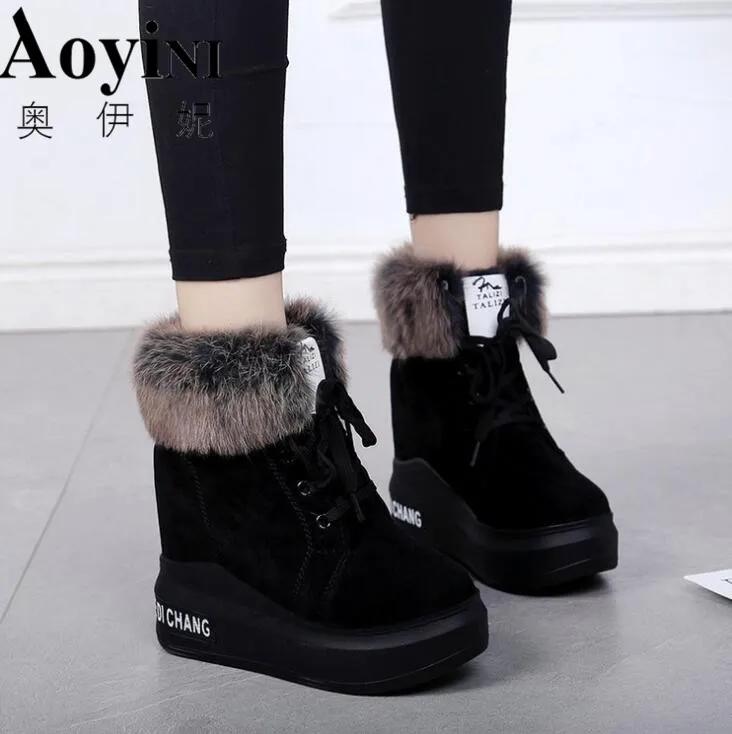 Зимние женские Ботинки на каблуке; теплые плюшевые зимние ботинки; женская модная обувь на высоком квадратном каблуке - Цвет: Черный