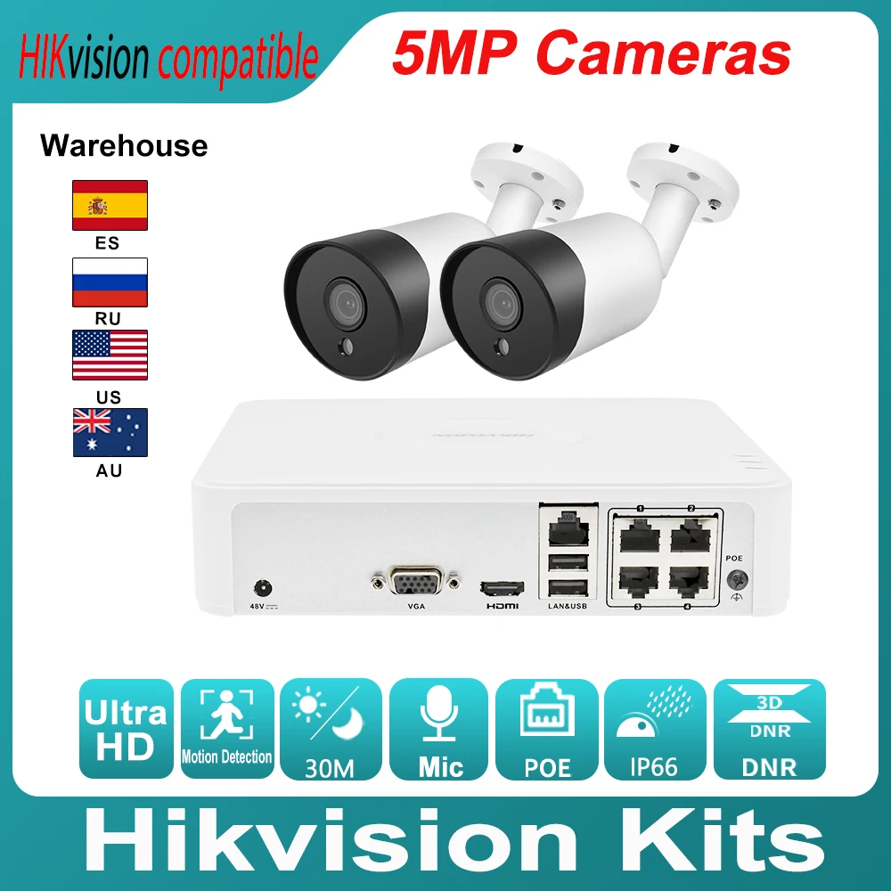 Hikvision Compatible Kits 2PCS 5MP POE IP Bulllet Camera &amp Original NVR DS-7104NI-Q1/4P DIY Video Security CCTV System | Безопасность