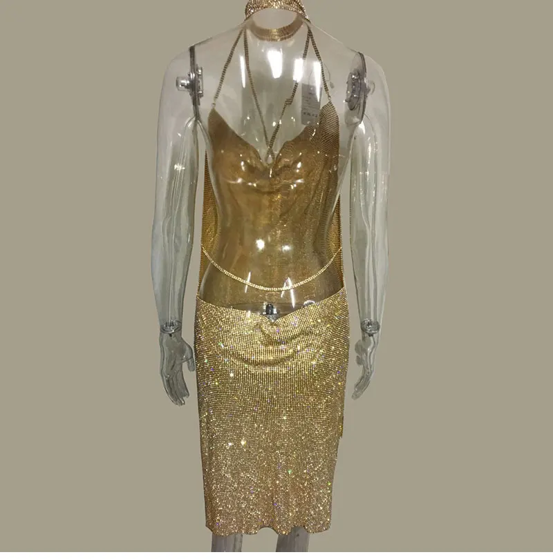 Женское мини-платье с v-образным вырезом и прозрачной металлической лямкой на шее, с открытой спиной, для девушек, для вечеринки, Vestido, блестящий купальник, Пляжное Платье