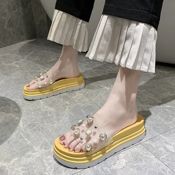 

Shoes Ladies' Slippers Platform Glitter Slides Slipers Women Fashion Transparent Heel Heeled Mules Jelly 2020 Luxury Flat Heels