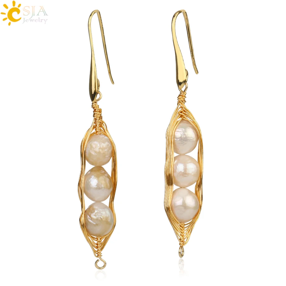 

CSJA Freshwater Pearl Drop Earrings Peas Shape Gold-color Copper Handmade Wire Wrap Dangle Earring for Women Trendy Jewelry G269
