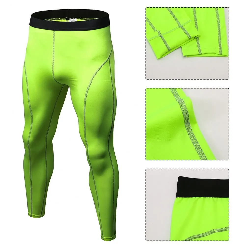 fluorescent green Мужские компрессионные утягивающие штаны, однотонные спортивные брюки для бодибилдинга, быстросохнущие обтягивающие леггинсы для бега - Цвет: fluorescent green
