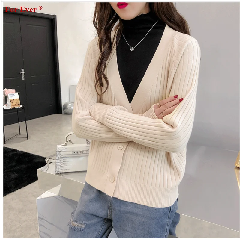 

2019 Pure color knitted cardigans loose hundred temperament pit sweater long sleeve v-Neck Single Breasted