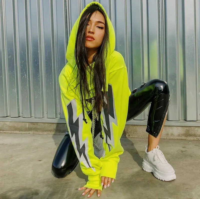 

Sudadera Mujer Con Capucha European American Capuche Femme Reflective Long Sleeve Moletom Cropped Sexy Short Neon Women Hoodie