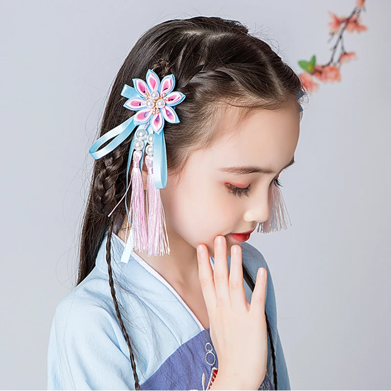 Hanfu Китайский головной убор, детская заколка с кисточками, заколка для маленьких девочек в стиле ретро, антикварные аксессуары, костюм для девочек с цветами