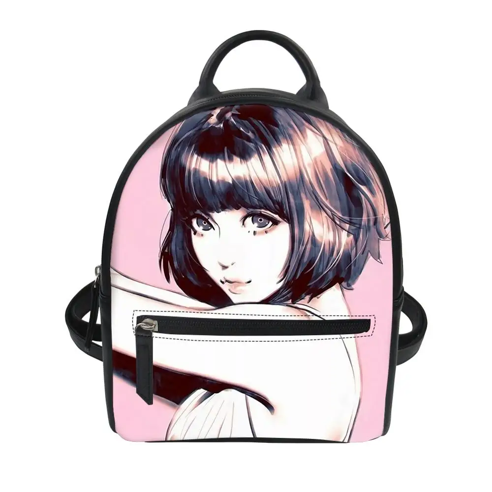 

Pretty Girl Printing PU Leather Backpack Women Black Designer Travel Backpack Girls Waterproof School Bag Dropship 2019