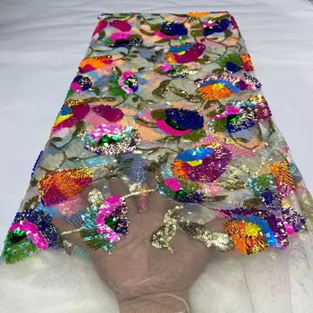 

Latest African Lace Fabrics Tulle Embroidery 2020 High Quality French Nigerian Mesh Laces Fabric With Sequins 5Yards/Lot A2260