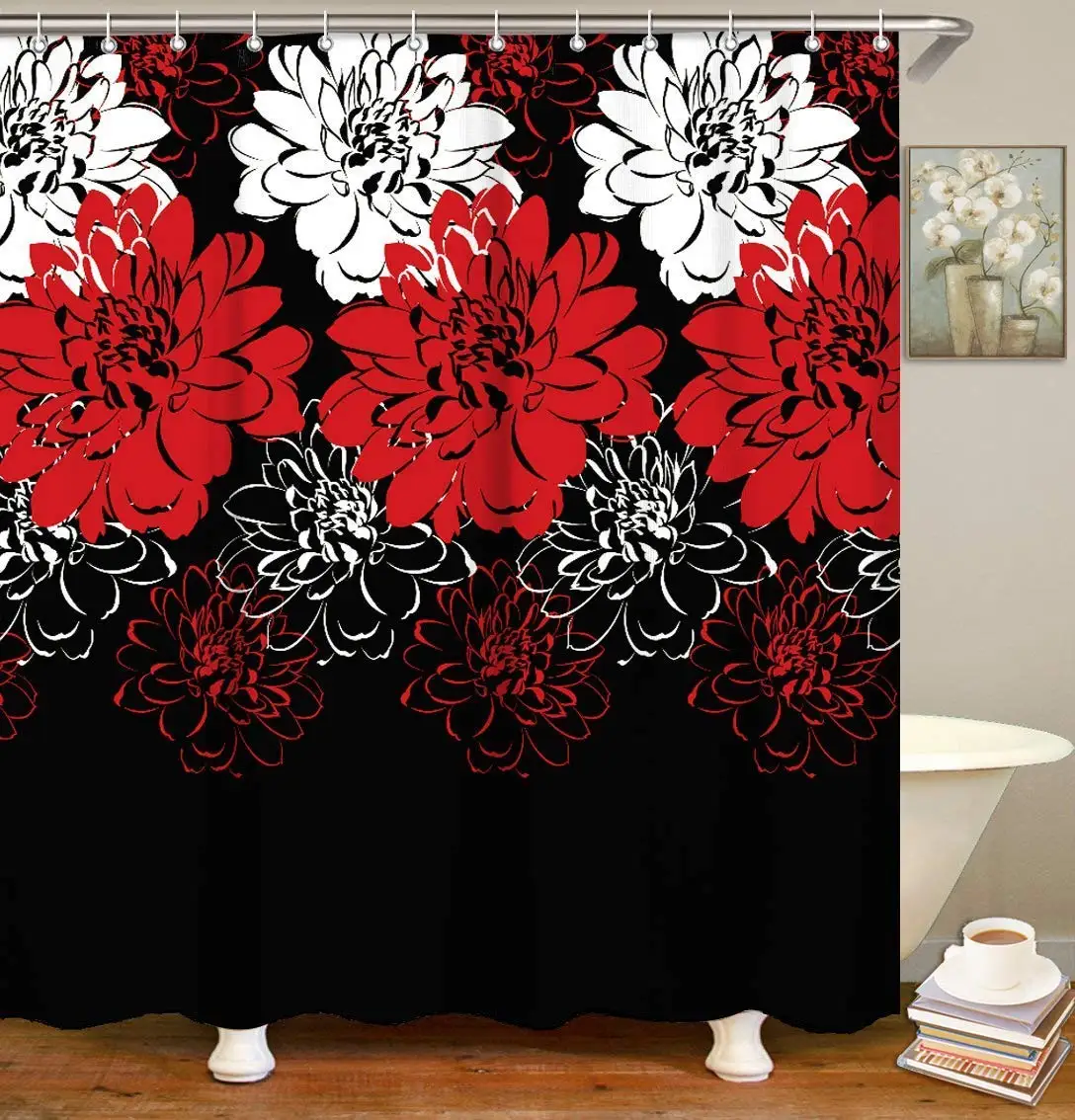 Red and Black Shower Curtain Set with 12 Hooks Floral Fabric Bath Curtains  Decorative - AliExpress