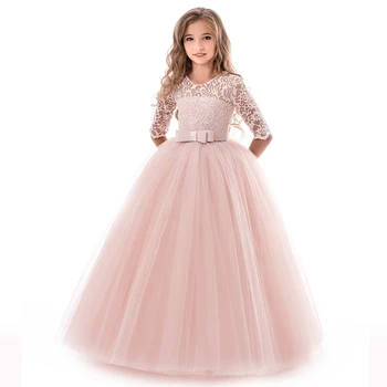 

Shiny Toddler Big Girl Three Quarter Sleeve High Waist Lace Princess Cotton Wedding Party Dress