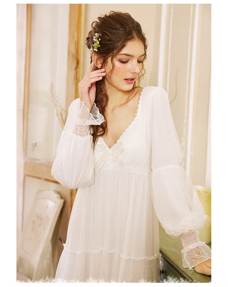 Осенняя брендовая ночная рубашка для женщин белое кружевное длинное платье женская хлопковая Ночная рубашка Женский Дворцовый стиль ночное белье с нагрудной накладкой