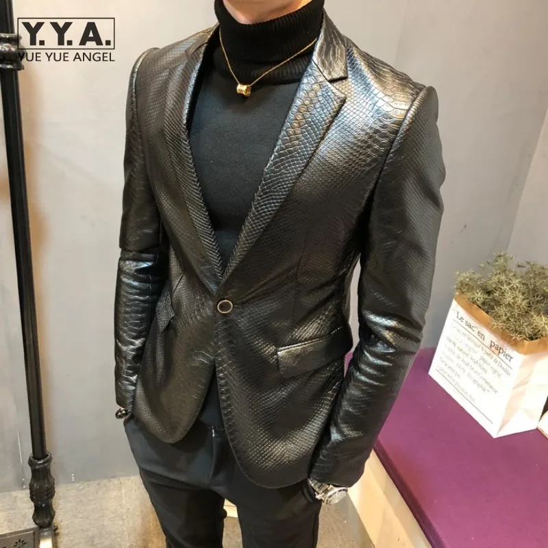Winter Fleece Pu Leather Jacket Men Autumn Slim Fit Snake Pattern Elegant Business Work Blazer Mens Smart Casual Suit Jackets
