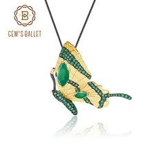 GEM'S BALLET Natural Green Agate Brooch1.5Ct 925 Sterling Silver Handmade Stripe Butterfly Pendant For Women Fine Jewelry