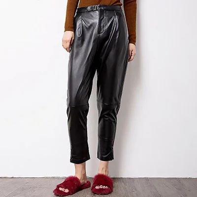 Women pants genuine sheep leather pants High waist black harem pants Elastic belt waist Trousers new fashion - Цвет: Black