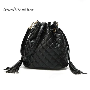 

Small Women Handbag Fringe Bucket Bag Black Leather Bags For Women Designer Tassel Plaid Drawstring Woman Handbags