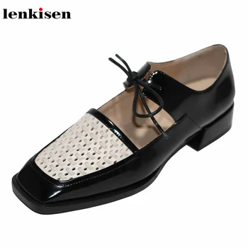 

Lenkisen genuine leather mixed colors vintage horsehair square toe med heels lace up fashion modern streetwear women pumps L34