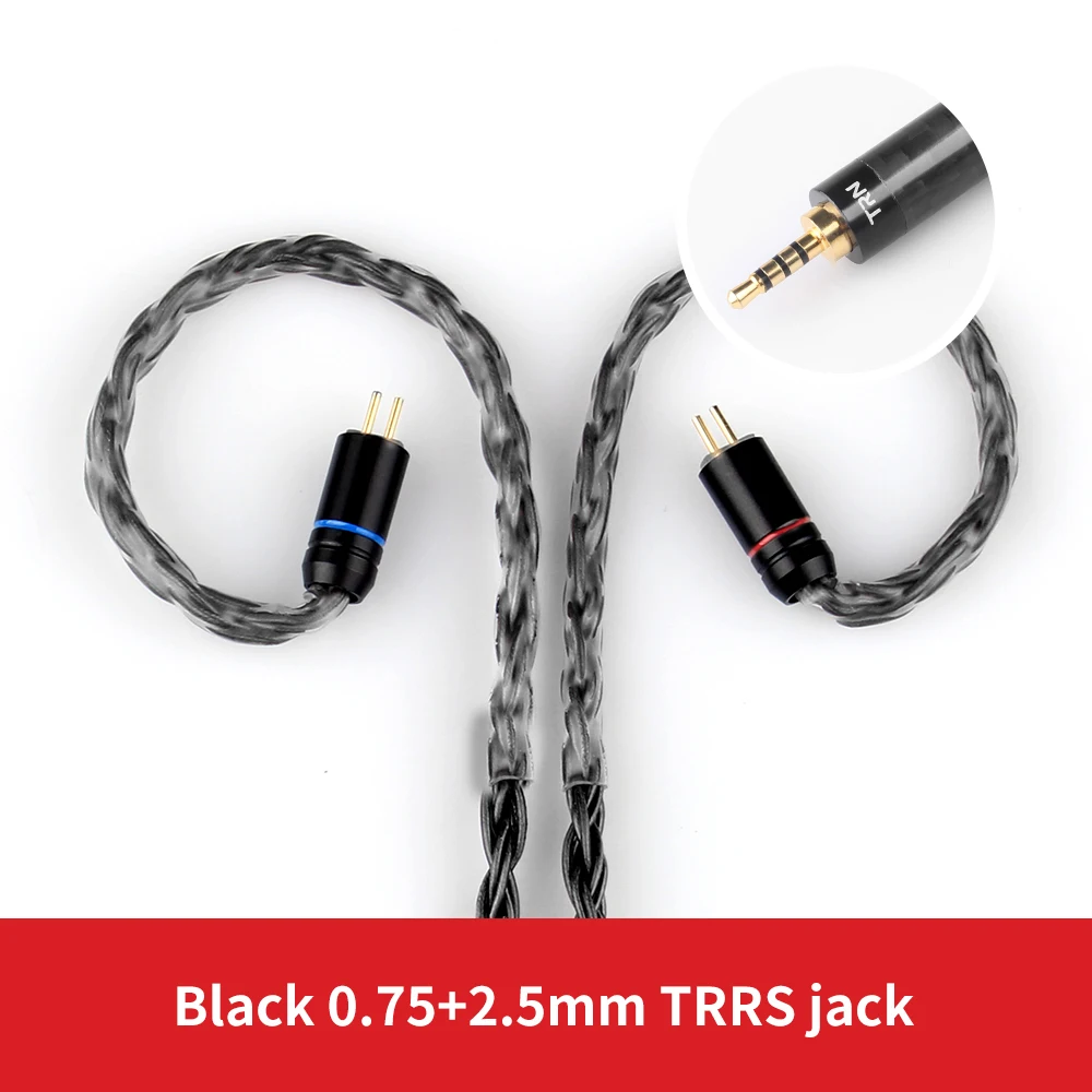 TRN T2 16 Core Silver Plated HIFI Upgrade Cable Gray\Black\Brown MMCX/2Pin Connector For TRN V80 AS10 V90 T2 C10 C16 S2 PRO T2 - Цвет: black 2.5mm 0.75mm