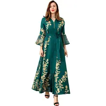 

Muslim Long Sleeve Dress 2022 Winter Green Mesh Embroidered Slim Robe African Women's V Neck Sexy Long Skirt Arabian Casual Wear