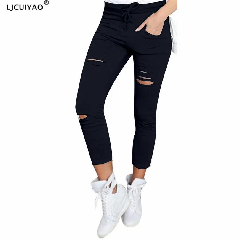 

LJCUIYAO Women Fashion Cotton Hole Pencil Pants Pockets Patchwork Drawstring High Waist Skinny Ankle-Length Stretch Trousers
