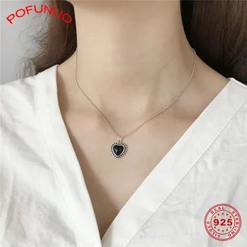 

POFUNUO 925 Sterling Silver Women Beads Chain Heart Black Onyx Pendant Necklace Lovers Luxury Jewelry Gift Wedding Chic Chokers