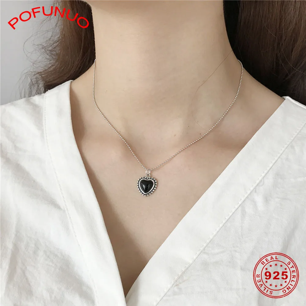 POFUNUO серебро 925 пробы женские бусы цепочка сердце черный оникс подвеска ожерелье